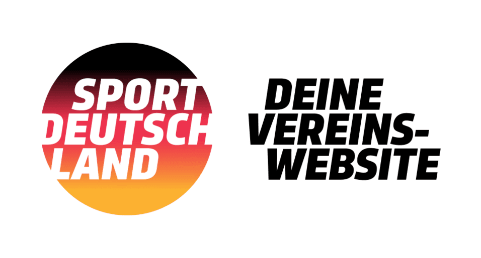 Logo von Sport Deutschland in Rot-Gelb mit dem Schriftzug "Deine Vereinswebsite" auf schwarzem Hintergrund.